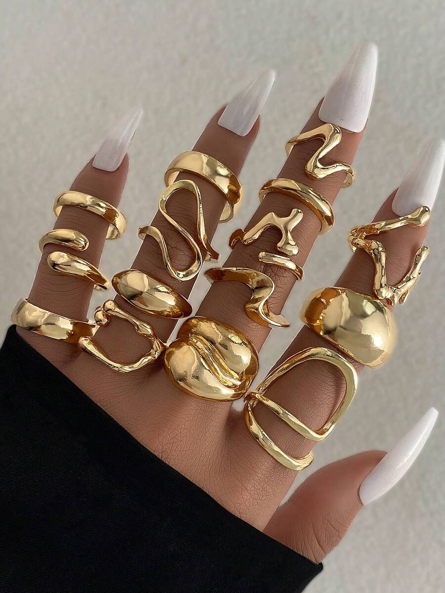15 Pieces Of Exaggerated Fluid Asymmetrical Women's Wide Face Ring Set For Daily Wear, Casual Dating, Girlfriend's Birthday Gift