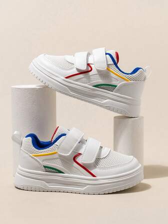 1 双男女款网眼双扣休闲轻便儿童运动鞋，运动鞋，适合春季、夏季、秋季