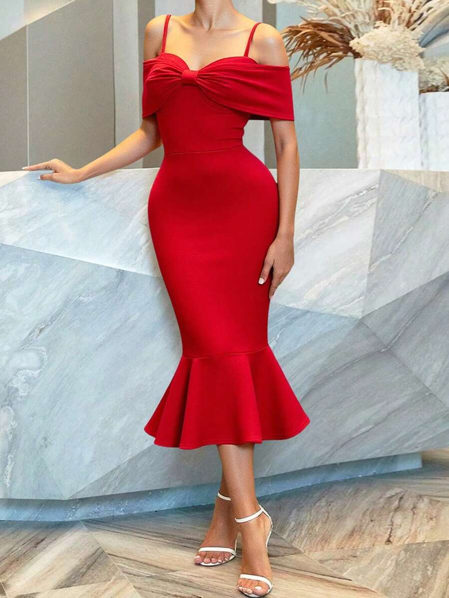 Women's Sexy Bodycon Open Shoulder Mini Dress, Solid Color - Red - View 1