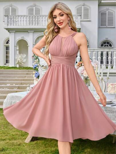 雪纺简约性感披肩修身鸡尾酒会礼服，适合婚礼、伴娘礼服