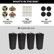 4-Piece Set Of Wooden Furniture Legs - Square Sofa Legs, Couch Legs - Black Mid-Century Modern Armchair Lounge Coffee Table Dresser Replacement Legs (2.36, 3.94, 5.9 Inch)