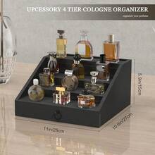 Wooden Cologne Organizer For Men Enhanced 4 Tier Cologne Stand Shelf Perfume Organizer With Velvet Lined Drawer & Hidden Storage Perfume Display Holder For Dresser Nice Gift (Classy Black) - Black - View 5