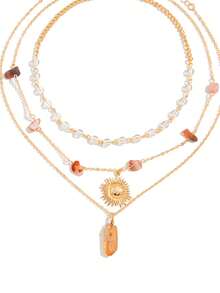 3pcs Asymmetrical Color Random Beaded Necklace, Multi-Layer Sun Pendant Tassel Necklace, Fashionable Design Suitable For Party, Gift, Daily Wear - Multicolor - View 3