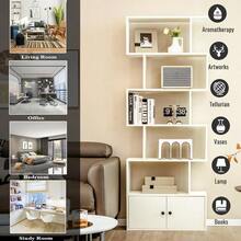 HOMASIS Bücherregal mit 5 Ebenen Standregal mit Schrank and 2 Türen Aufbewahrungsregal aus Holz Wandregal Raumteilerregal Aufsteller für Wohnzimmer Büro and Arbeitzimmer 70x23x183cm Weib - Weis - Übersicht 5