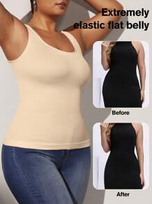 1 Peça Top Modelador sem Costura Preto Plus Size para Controle da Barriga Feminino, Levemente Esculpido, Cintura Modeladora Fina e Afunilada, Shapewear para Achatamento da Barriga