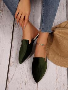 Fashion Pointed Toe Slip-On Flat Mules For Women, Comfortable Soft Bottom Casual Work Shoes Suitable For Spring, Summer, Autumn, Size 35-45, Deep Green Color - Dark Green - View 3