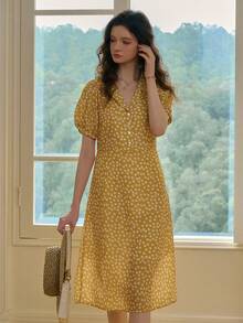 Simple Retro Puff - Sleeved Woven Dress With Small Daisy Print And Turn - Down Collar For Spring And Summer - Yellow - View 2