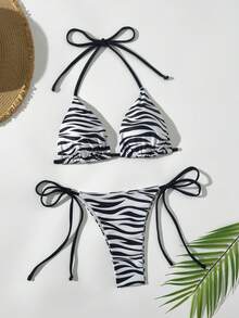 1 Set Women Zebra Print Halter Neck Two Pieces Bikini Swimwear, Fashionable & Sexy - Black and White - View 1