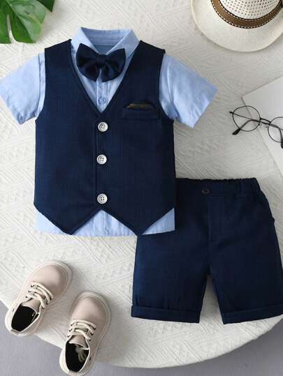 New Navy Blue Kids Suit Set, Summer Children Wedding Pageboy Outfits, Stylish Little Gentleman Suit