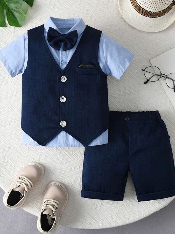 Novo conjunto de terno azul marinho para crianças, trajes de pajem de casamento para crianças de verão, terno elegante para pequenos cavalheiros