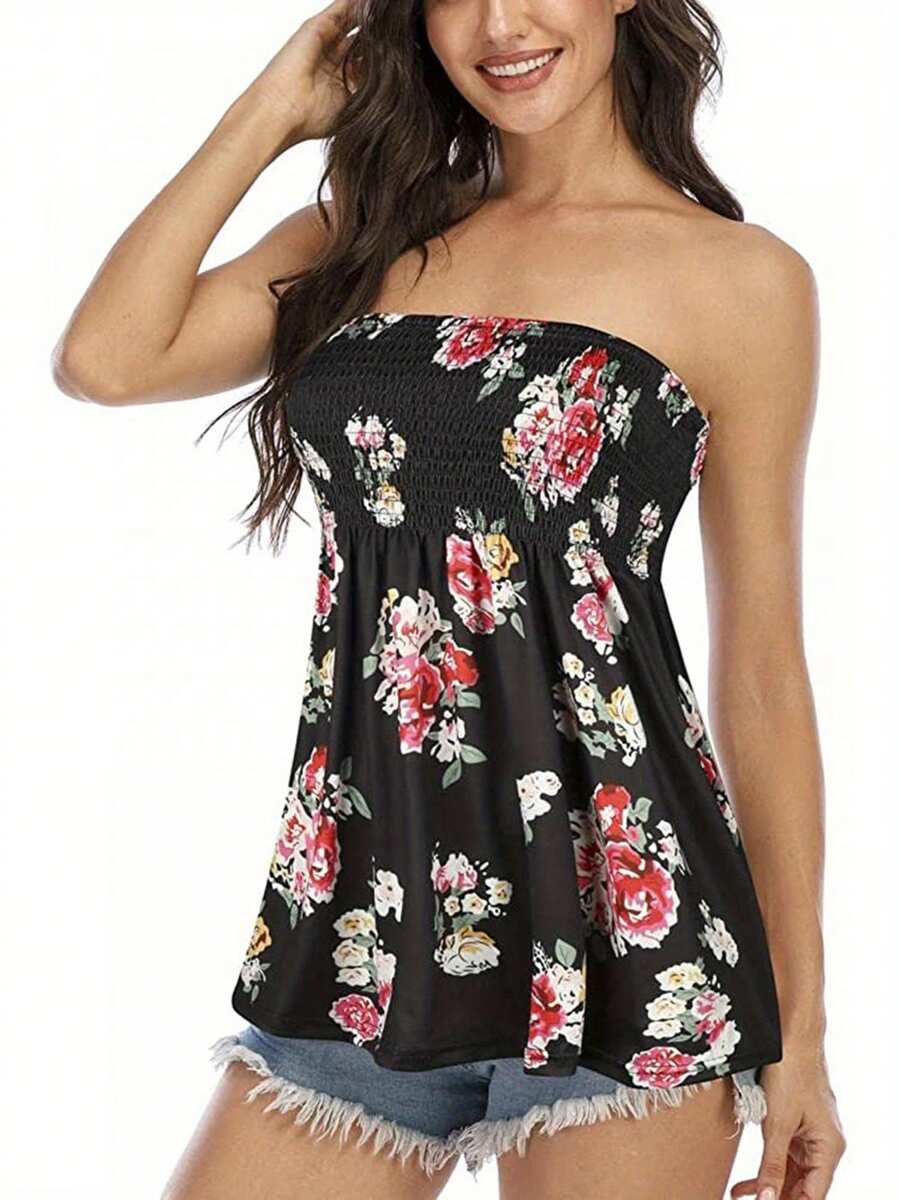 Women Tube Tops Solid Floral Leopard Print Sleeveless Tank Tops - 紅色 - 查看 1
