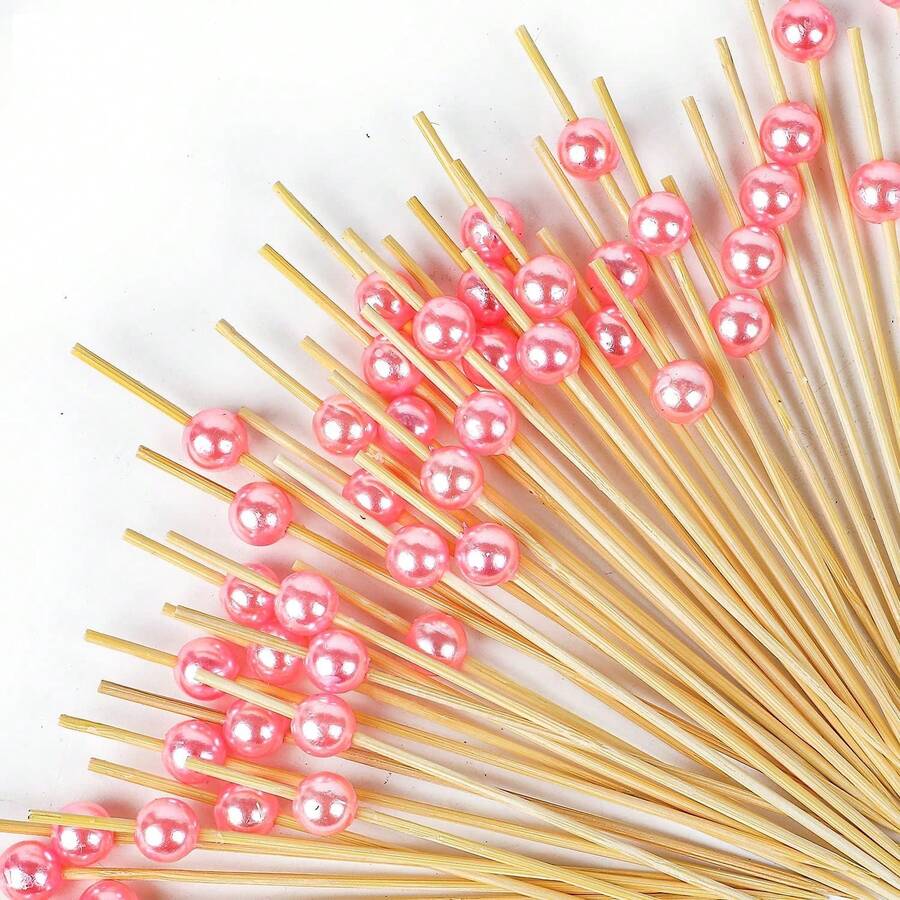 200pcs Bamboo Skewers, Round Faux Pearl Design, Suitable For Kitchen, Tabletop, Fruit Salad, Wedding, Party, Ramadan Or Party Use, Available In Gold, Pink, White, Silver