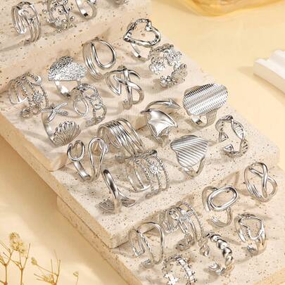 Set de 6/16/12/24 anillos de acero inoxidable de patrón geométrico plateado de alta calidad, estilos aleatorios enviados, tamaño ajustable, adecuado para decoración diaria o regalo de mujer