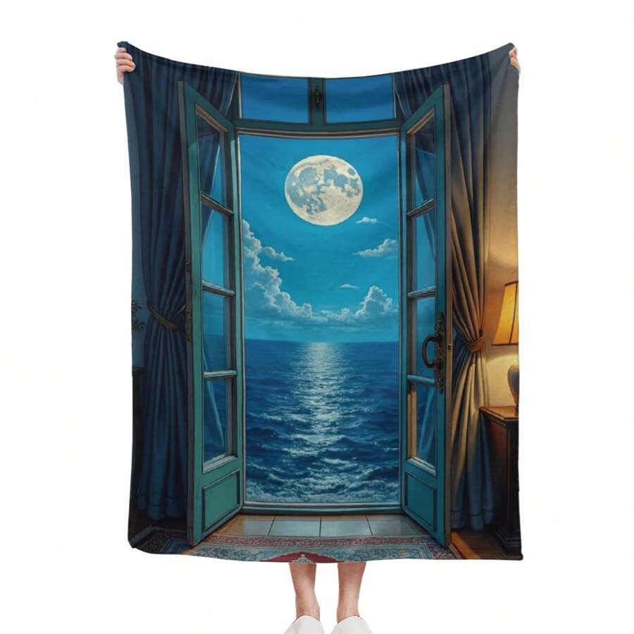 Moonlit Ocean View From Open Door Home Use, Travel, Camping, Personalized Blanket A Perfect Gift For Family And Friends_00001_