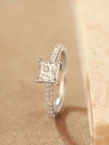 Luxury S925 Sterling Silver Square Cubic Zirconia Rings, Suitable For Wedding, Party, Daily Wear, Engagement Gift - Random Box Style - Silver - View 2