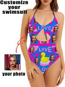 1 pieza Traje de baño personalizado de una sola pieza para mujeres, traje de baño de mujer con diseño hueco y moño, sexy y de moda, traje de baño de correas sin mangas para piscina, playa, vacaciones, chicas