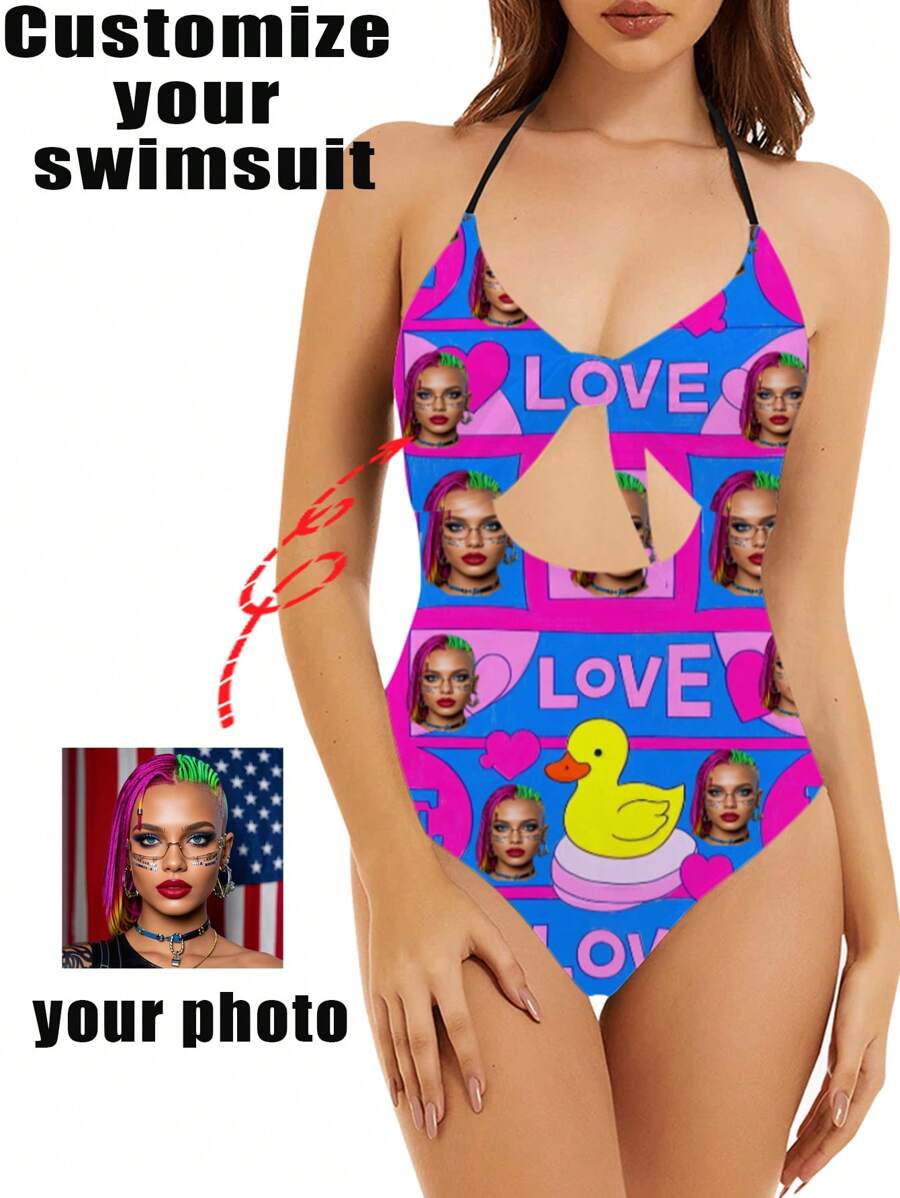 1 pieza Traje de baño personalizado de una sola pieza para mujeres, traje de baño de mujer con diseño hueco y moño, sexy y de moda, traje de baño de correas sin mangas para piscina, playa, vacaciones, chicas