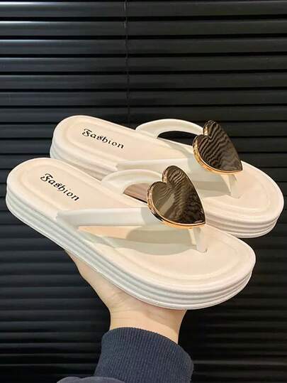Women's White PVC Wedge Flip-Flops With Heart Shape Design, Anti-Slip, Suitable For Both Indoor And Outdoor Wear, Spring/Summer