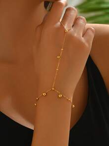 LIEBEIRIS 1pc 18K Gold Plated Minimalist Large & Small Pearl Stainless Steel Full Finger Bracelet, Suitable For Women's Daily Wear And Gift - Yellow Gold - View 4