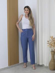Women's Refreshing Plain Tailored Trousers With Button - Maxma 6631 - Blue - View 2