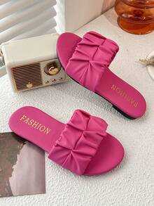 1 Pair Of Summer Promotion Peach Pink Wear-Resistant Slippers For Girls Fashion Dynamic Simple Black Wedge Sandals For Girls 3-12 Years Old Are Suitable For Indoor And Outdoor Daily Solid Color Pleated Decorative Flip-Flops