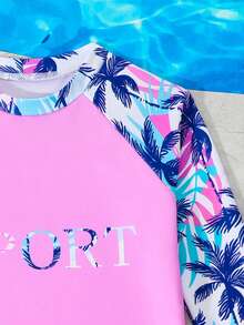 Young Girl Palm Tree Digital Print Insert Sleeve Top And Bottom Swimsuit Set - Pink - View 4