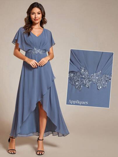 V-Neck Batwing Sleeve Split Dusty Blue Mother Of The Bride Formal Dress, Elegant Dress For Wedding