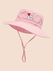 1 pezzo Cappello da sole per bambini con stampa a cuori e lettere, con cordino regolabile antivento, stile casual, cappello secchiello per neonati, adatto per attività all'aperto, spiaggia, protezione dal sole