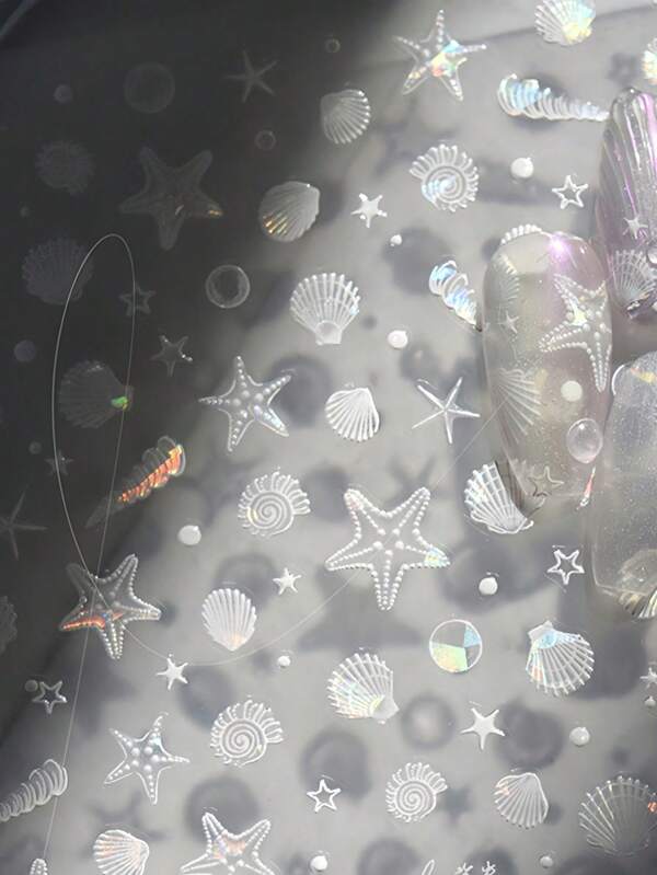 Set de autocolante 5D pentru arta unghiilor cu temă oceanului de vară - Cochilie în relief 3D/Steaua de mare degradată/Meduză de vis/Scara de sirenă + Autocolant auto-adeziv pentru geme/benzi de gel pentru coajă asimetrică, Set de instrumente pentru manichiură DIY cu matriță acrilică, autocolante decorative de lungă durată de calitate pentru salon