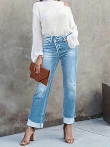 Pantalones vaqueros informales para mujer con cintura asimétrica y efecto desgastado