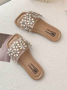 Summer Bestselling Apricot Children's Non-Slip Slippers, Fashionable Comfortable Soft, Minimalist Apricot Thick-Soled Sandals, Suitable For 3-12 Year Old Girls, Suitable For Indoor And Outdoor Daily Casual Beach Wear. Transparent Material, Decorated With White Decorative Ribbons, Accented With Pearls And Rhinestones, Butterfly Decor Design, Lace-Up Design. - Champagne - View 5