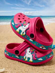 1 Pair Girls' Cute Rainbow Pony Cartoon Fashion Comfortable Casual Lightweight Versatile Open Toe Breathable Slip-On Shoes, Spring/Summer - Hot Pink - View 5