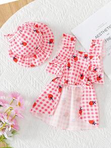 可爱草莓印花荷叶边袖宠物猫/狗连衣裙，带时尚帽子，夏季 - 粉色 - 查看 2