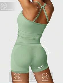 VVX Women's 2 Piece Outfits Casual Sets Ruched Camisole Tops And High Waisted Shorts/Pants Leggings Tracksuit Sets - 綠色 - 查看 3