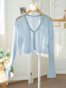 系带开衫透视镂空长袖针织毛衣，短款上衣，适合返校季 - 藍色 - 查看 6