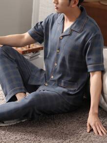 2pcs Men's Loungewear Set - Short Sleeve Cardigan Top And Long Pants, Breathable Moisture-Wicking Pajamas