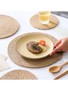 A Round Jute Woven Placemat, A Pure Hand-Woven Straw Coaster, A Japanese-Style Heat-Insulating And Scald-Proof Bowl Mat And Pot Mat. It Is Suitable As A Heat-Insulating Table Mat For Dining Tables At Home, For Decoration, And As A Wedding Decoration Mat. - Yellow - View 11
