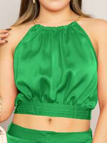 Lindo conjunto de 2 piezas unicolor de satén para mujer y elegante de verano - Verde - Ver 4