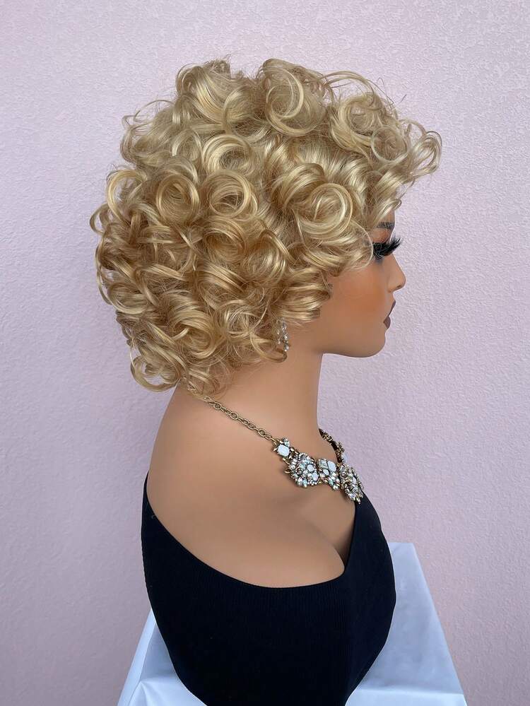 Peluca sintética de mujer con cabello corto y rizado de color rubio, con red interna de color rosa, adecuada para juegos de roles y uso diario - Dorado - Ver 3