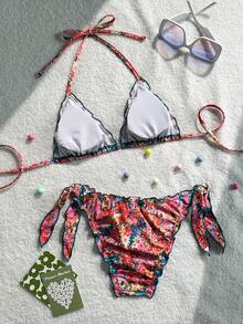 女士可爱花卉蕾丝褶皱比基尼两件套，适合夏季海岛度假游泳 - 彩色 - 查看 2