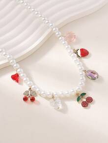 1pc Spring/Summer Elegant Country Style High-End Fashion Handmade Beaded Faux Pearl Crystal Ombre Sunflower, Cherry, Strawberry Pendant Adjustable Necklace, Suitable For Women Gift, Party, Wedding, Travel, Casual Wear - Multicolor - View 3