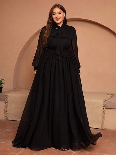 Vestido de manga larga y cuello alto de chifón con cierre en la cintura, talla grande, color negro