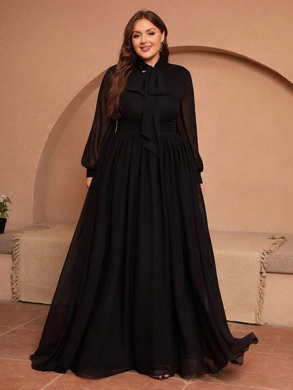 فستان طويل بأكمام طويلة ياقة عالية من الشيفون مخصر الخصر مقاس كبير