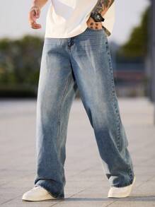 1 pieza Pantalones vaqueros sueltos con pierna ancha de estilo retro americano versátil para hombre, pantalones casuales lavados de ajuste relajado