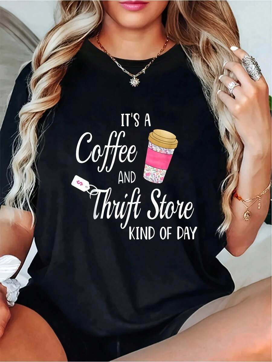 Camiseta casual de manga corta para mujer con estampado de letra en una taza de café y cuello redondo. - Negro - Ver 1