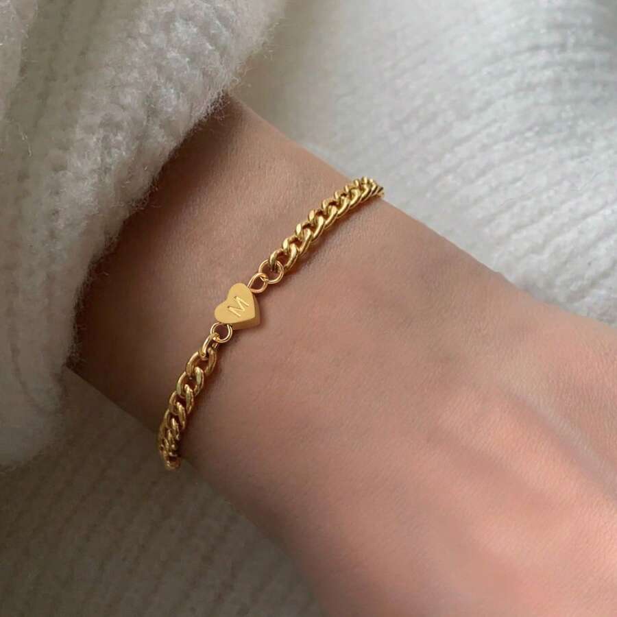 1 件新款简约经典心形字母金色不锈钢链式手链女士 - 金黃色 - 查看 1