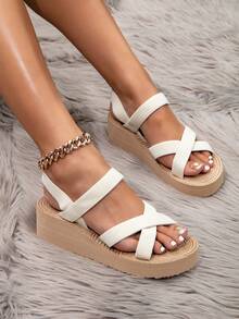 Giày sandal đế xuồng bằng rơm dệt kim dày dặn dành cho nữ, dép đi biển thường ngày, đế bằng sợi raffia, phù hợp với trang phục mùa xuân hè. - Màu be - Xem 5