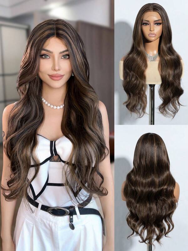 Synthetic Lace Front Wig Long Wavy 30" Body Wavy Middle Part Lace Wigs For Women Black Blonde And Brown Piano Colour Cosplay Wig