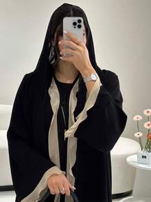 Bata negra para mujer con bajo elegante con volantes, estilo de Oriente Medio abrigo vestido tipo cárdigan de parche, modesta - Negro - Ver 5