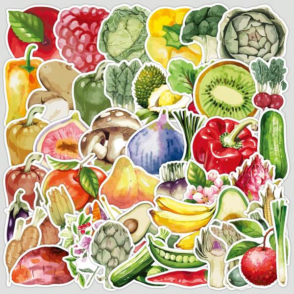 50Pcs Cartoon Watercolor Stickers Fruit Stickers Vegetable Stickers Food Stickers Party Favor Stickers Fruit Decor Vinyl Waterproof Stickers For Water Bottle,Computer,Laptop,Phone,Luggage,Notebook,Fridge